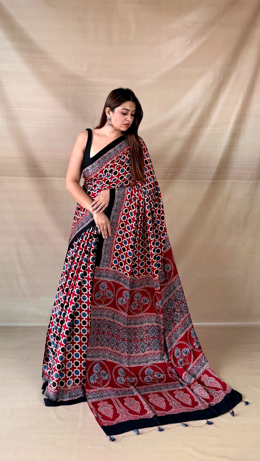 Pure Modal SilK Ajrakh HandBlock Print Natural Dye  Saree.