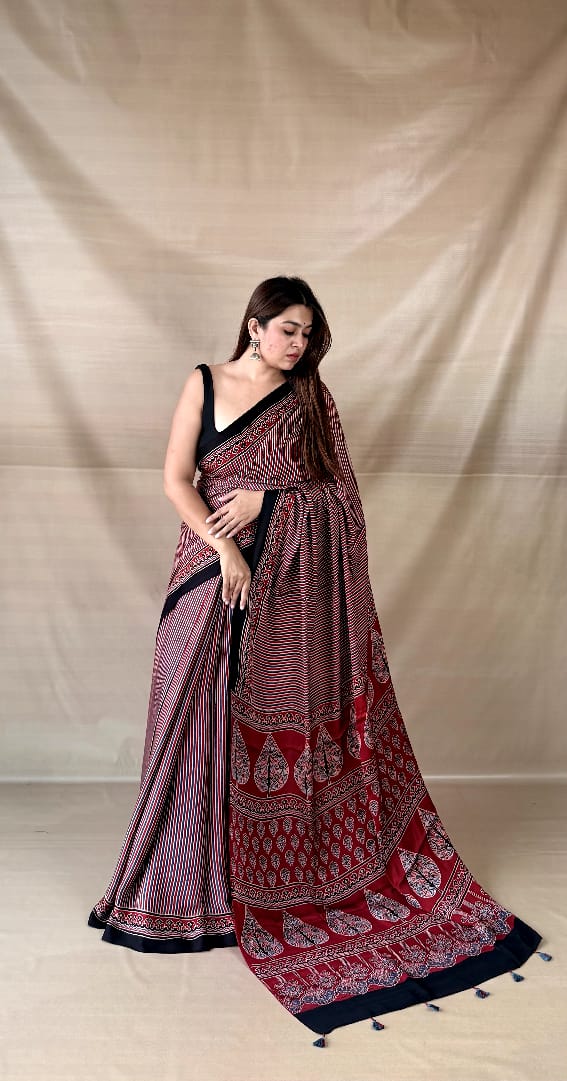 Pure Modal SilK Ajrakh HandBlock Print Natural Dye  Saree.