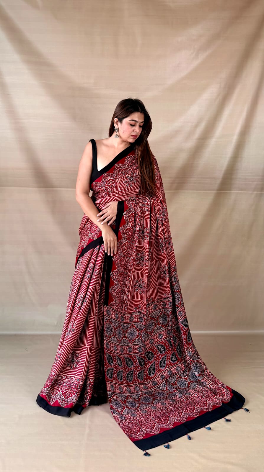 Pure Modal SilK Ajrakh HandBlock Print Natural Dye  Saree.