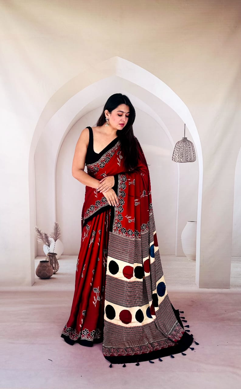 Pure Modal SilK Ajrakh HandBlock Print Natural Dye  Saree.