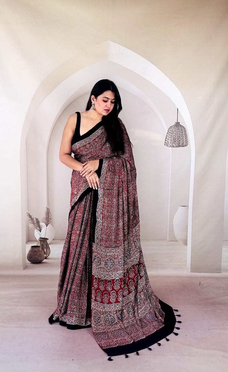 Pure Modal SilK Ajrakh HandBlock Print Natural Dye  Saree.