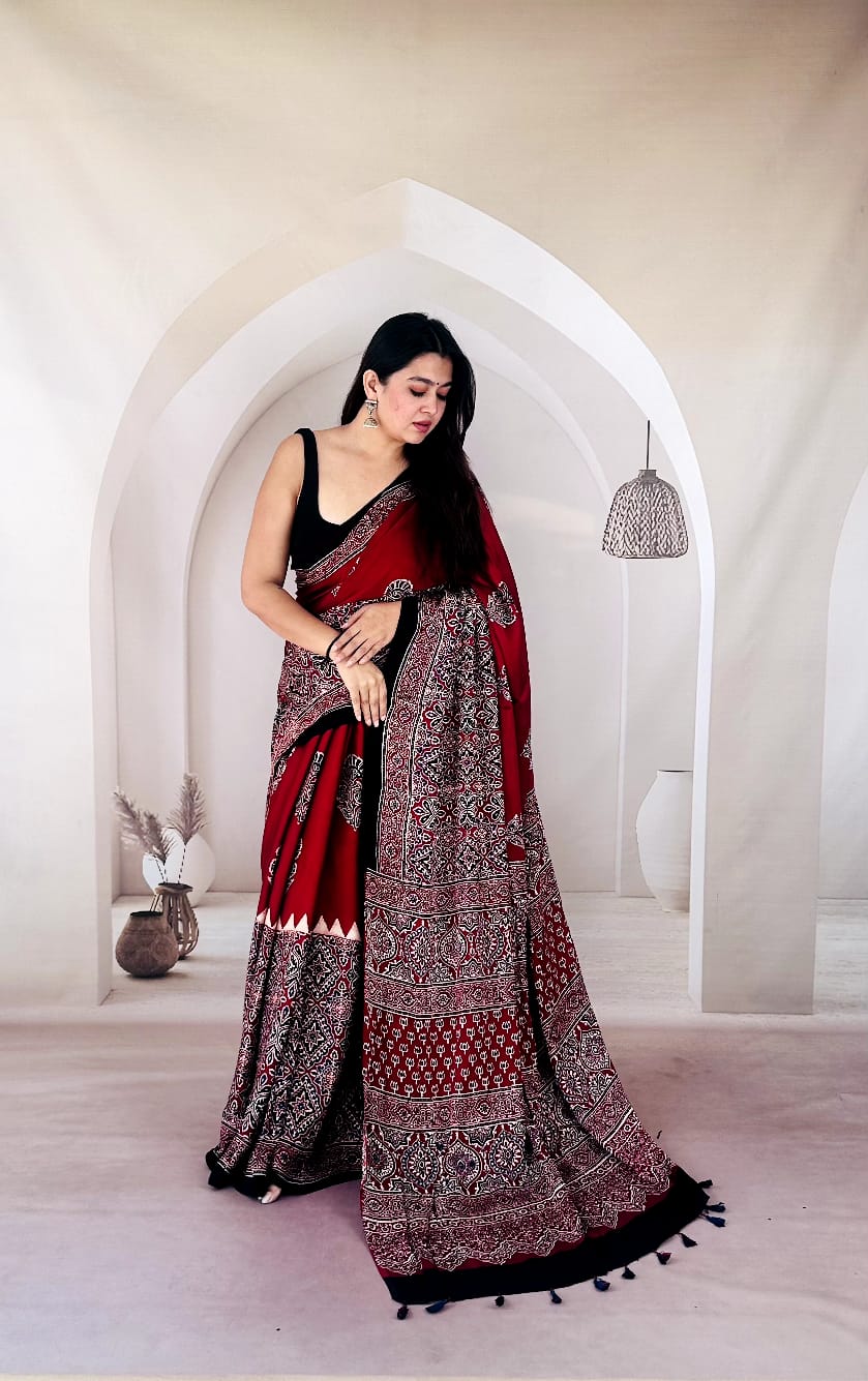 Pure Modal SilK Ajrakh HandBlock Print Natural Dye  Saree.