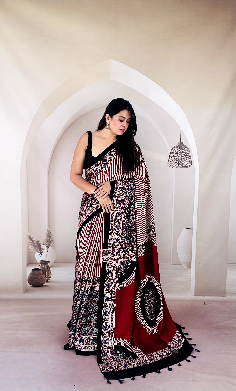 Pure Modal SilK Ajrakh HandBlock Print Natural Dye  Saree.