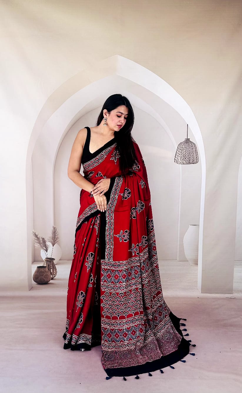 Pure Modal SilK Ajrakh HandBlock Print Natural Dye  Saree.