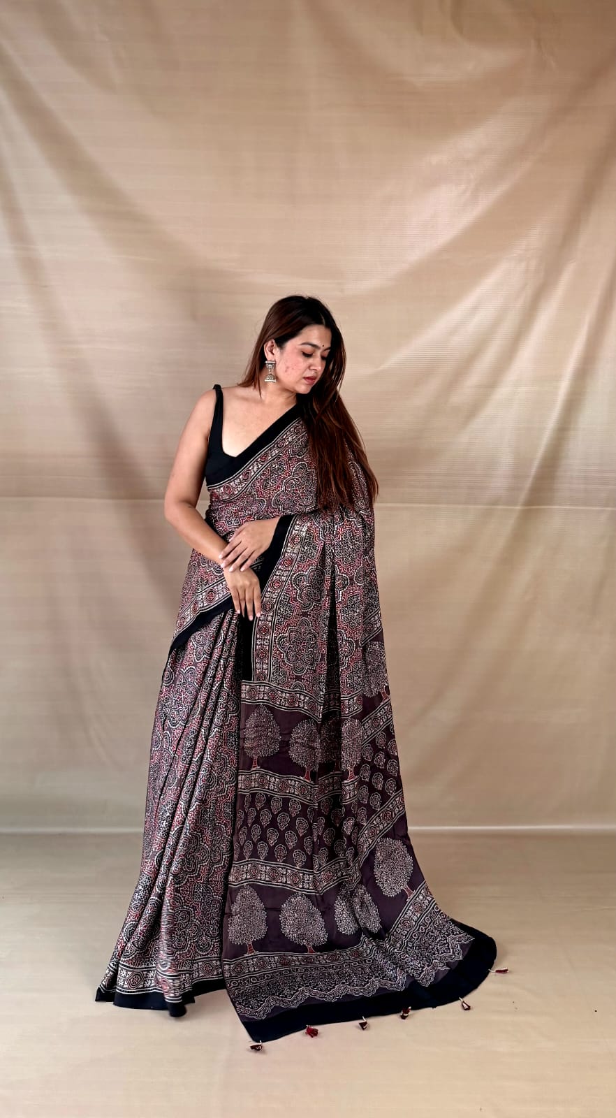 Pure Modal SilK Ajrakh HandBlock Print Natural Dye  Saree.