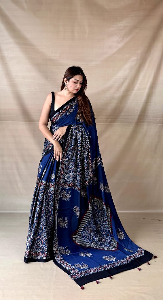 Pure Modal SilK Ajrakh HandBlock Print Natural Dye  Saree.
