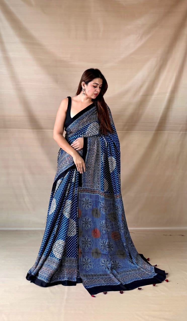 Pure Modal SilK Ajrakh HandBlock Print Natural Dye  Saree.
