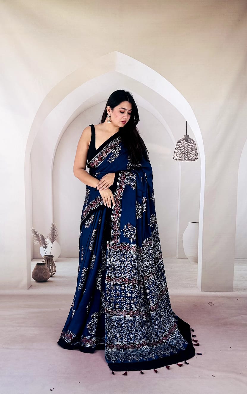 Pure Modal SilK Ajrakh HandBlock Print Natural Dye  Saree.