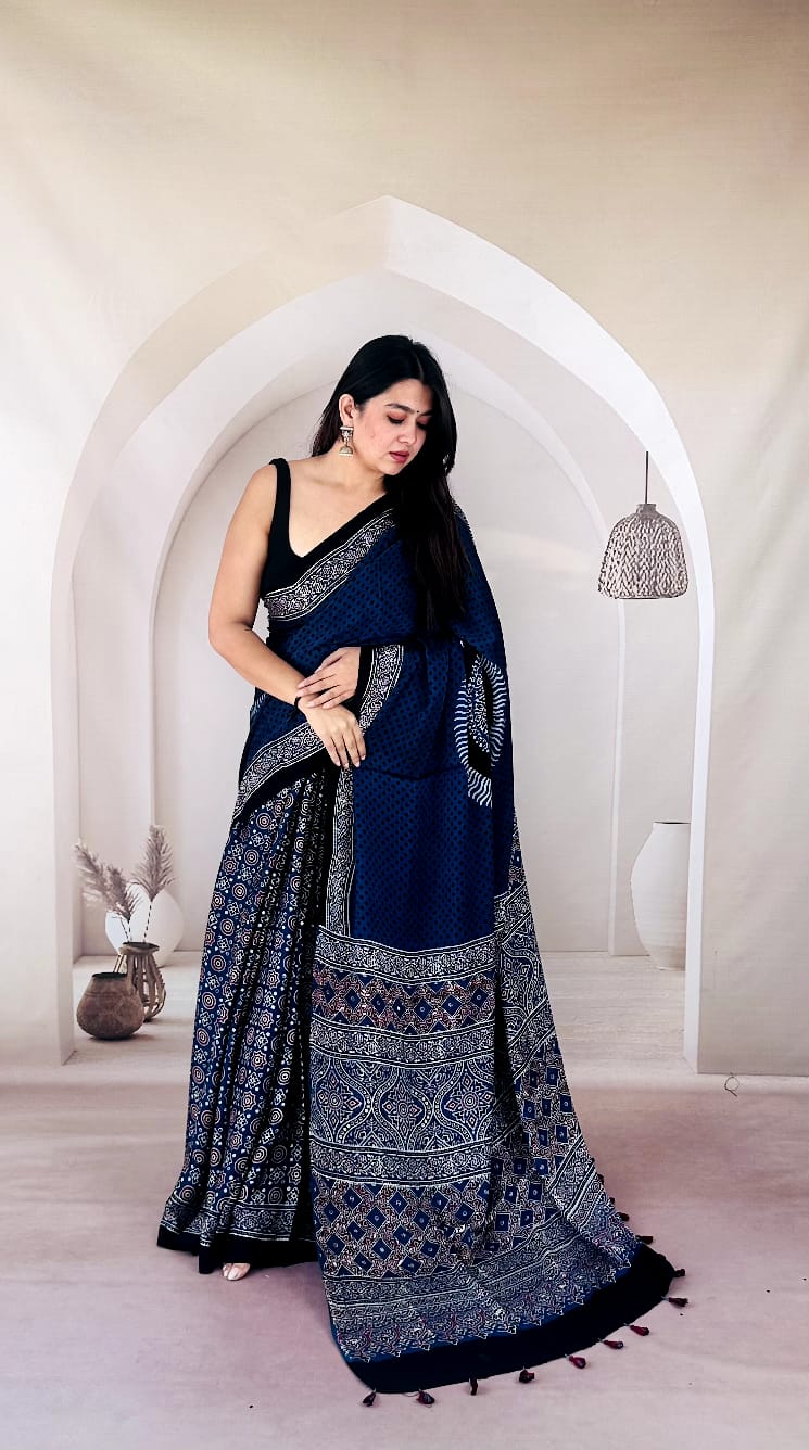 Pure Modal SilK Ajrakh HandBlock Print Natural Dye  Saree.