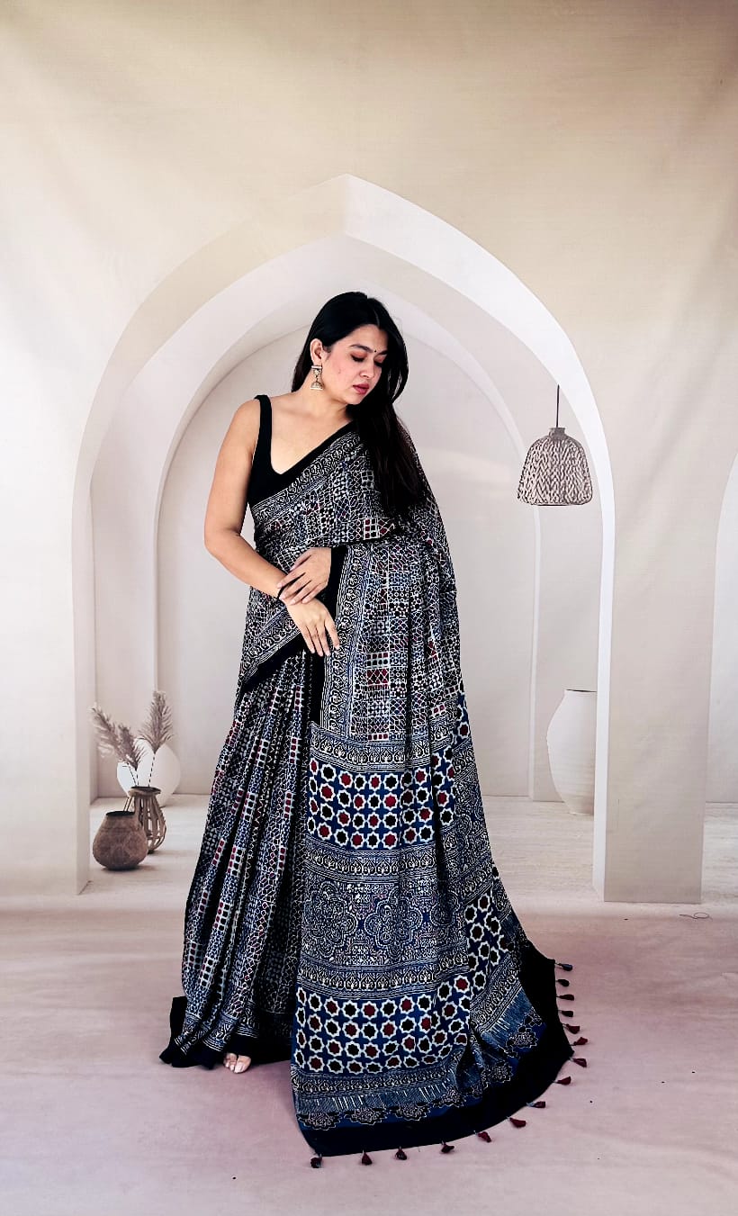 Pure Modal SilK Ajrakh HandBlock Print Natural Dye  Saree.