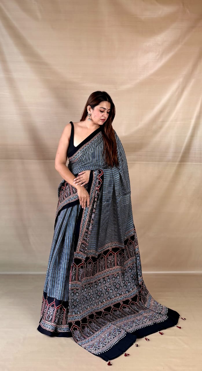 Pure Modal SilK Ajrakh HandBlock Print Natural Dye  Saree.