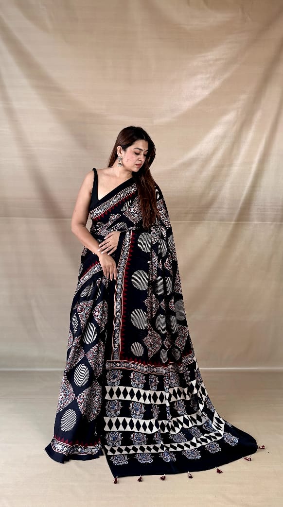Pure Modal SilK Ajrakh HandBlock Print Natural Dye  Saree.