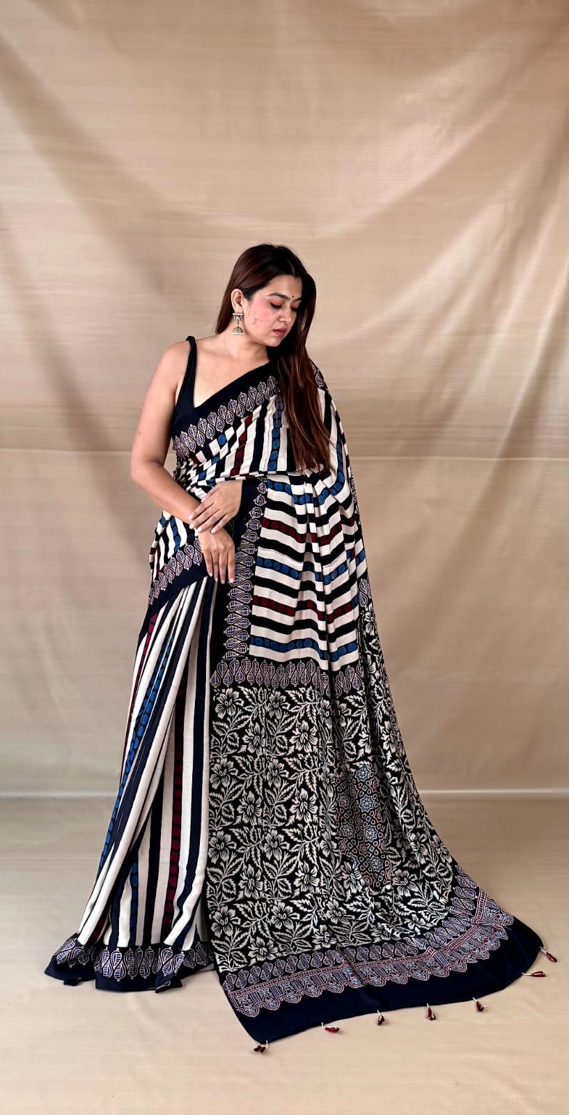 Pure Modal SilK Ajrakh HandBlock Print Natural Dye  Saree.