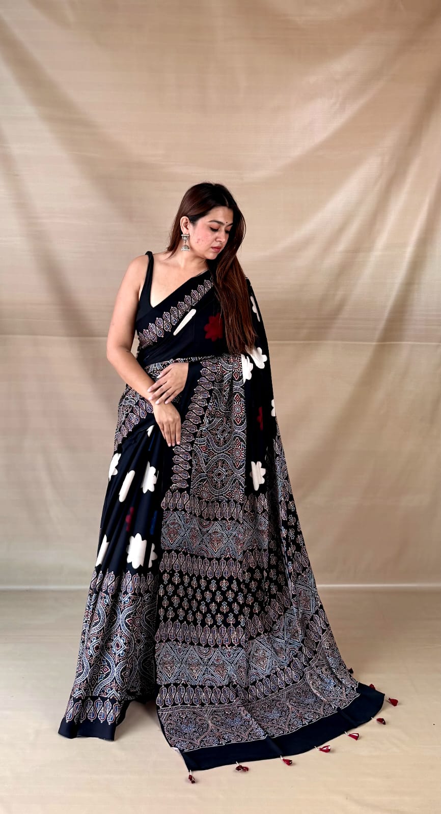 Pure Modal SilK Ajrakh HandBlock Print Natural Dye  Saree.