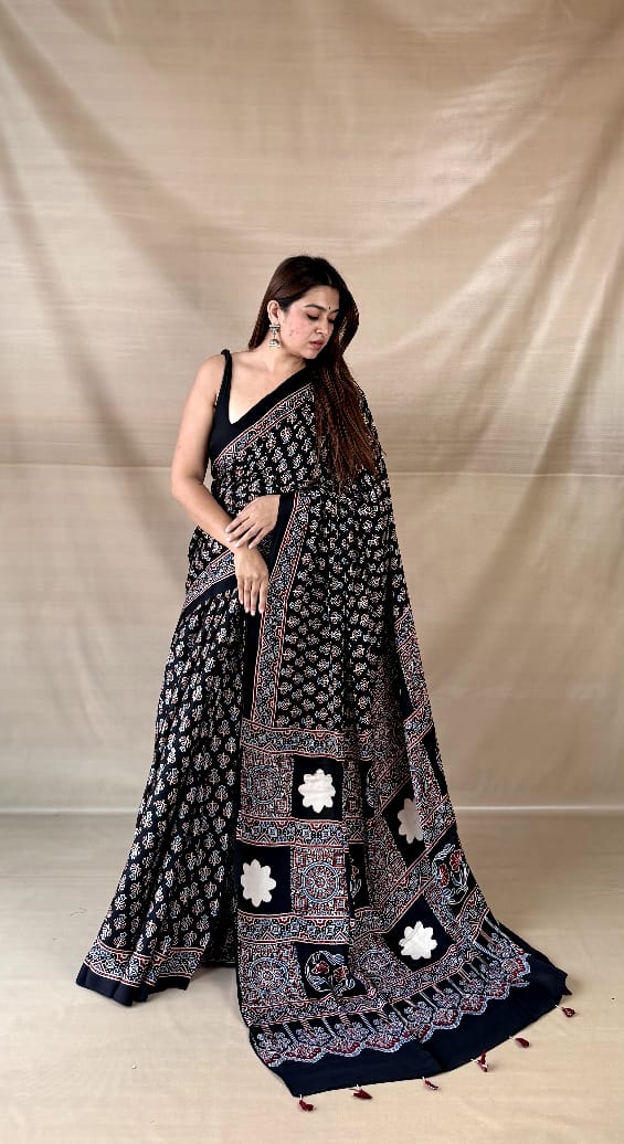 Pure Modal SilK Ajrakh HandBlock Print Natural Dye  Saree.