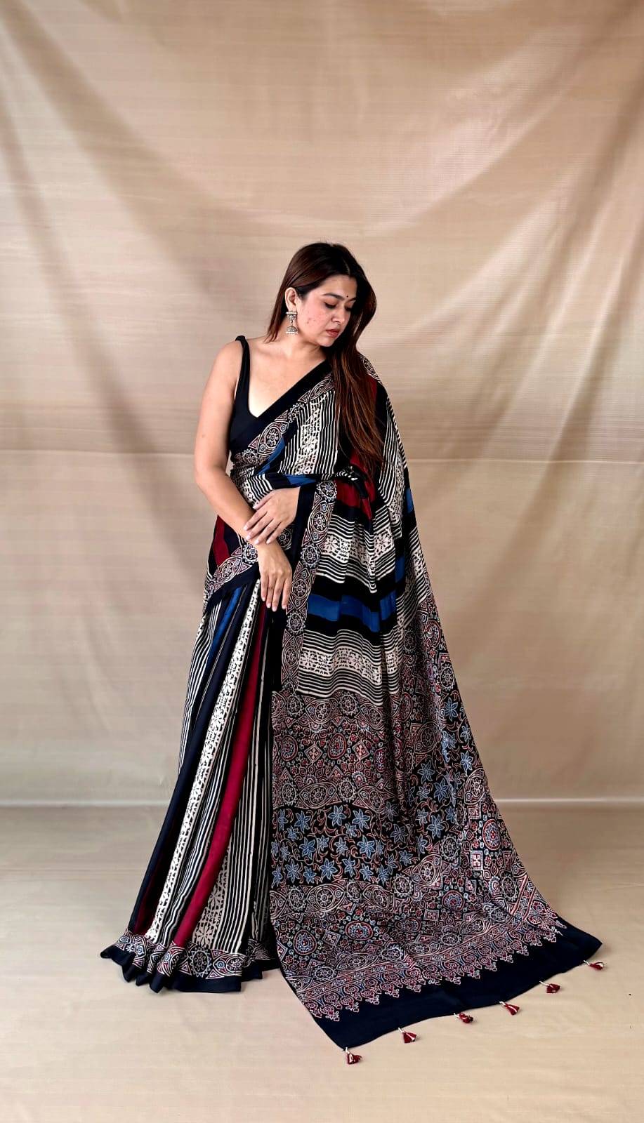 Pure Modal SilK Ajrakh HandBlock Print Natural Dye  Saree.