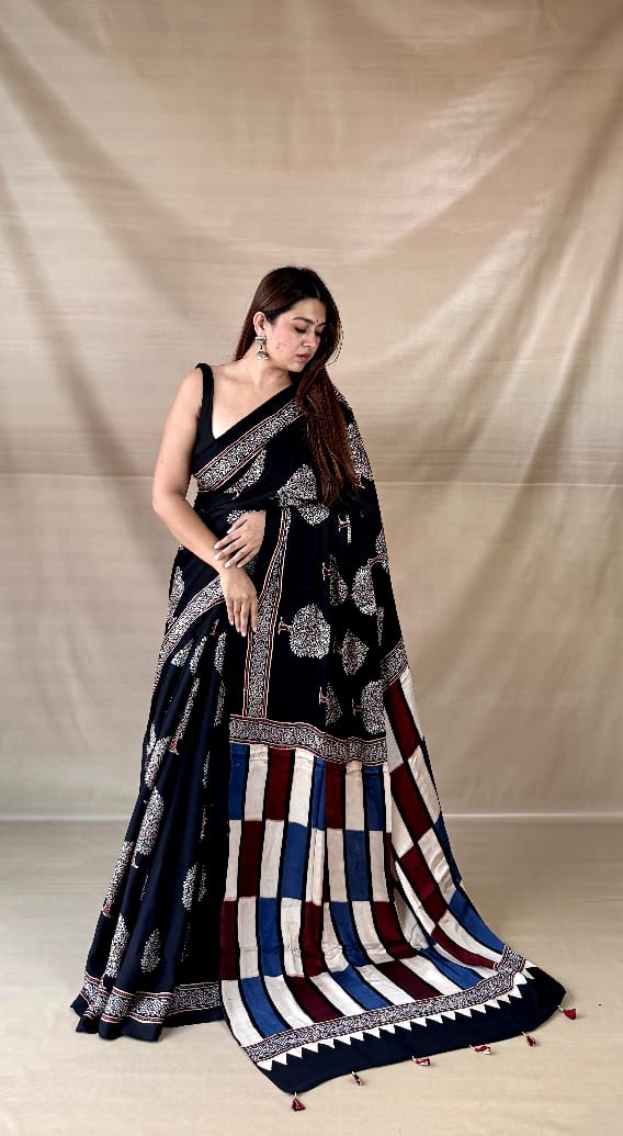 Pure Modal SilK Ajrakh HandBlock Print Natural Dye  Saree.