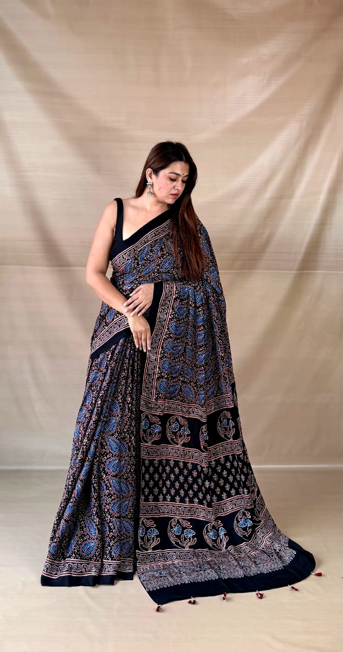 Pure Modal SilK Ajrakh HandBlock Print Natural Dye  Saree.