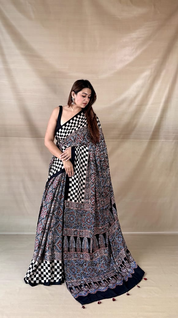 Pure Modal SilK Ajrakh HandBlock Print Natural Dye  Saree.