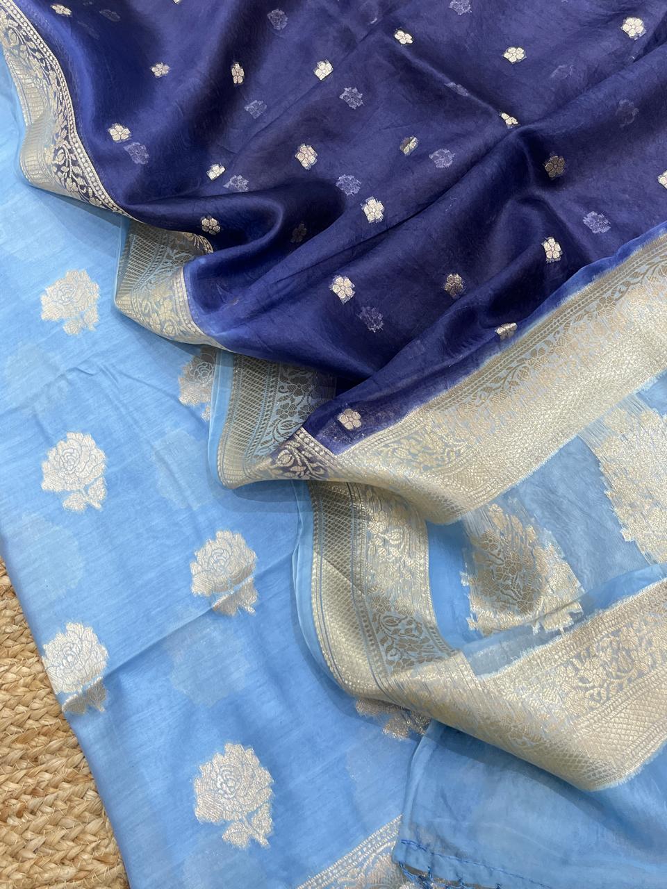 Pure Banarasi Chanderi Silk Unstitched Suit with Organza Silk Dual Tone Dupatta