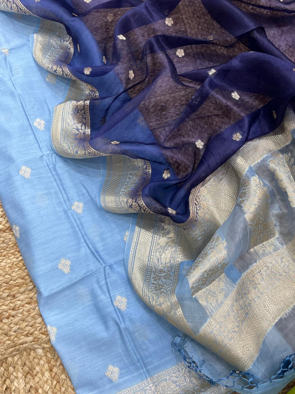 Pure Banarasi Chanderi Silk Unstitched Suit with Organza Silk Dual Tone Dupatta