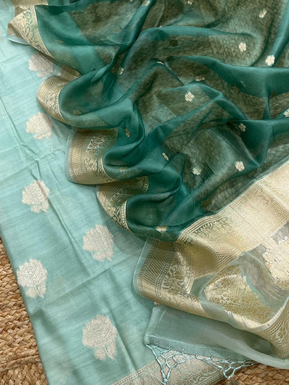 Pure Banarasi Chanderi Silk Unstitched Suit with Organza Silk Dual Tone Dupatta