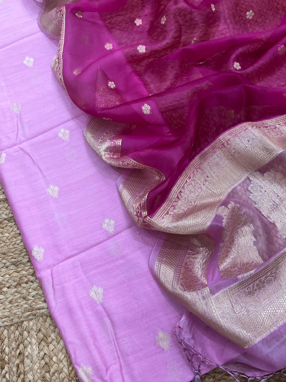 Pure Banarasi Chanderi Silk Unstitched Suit with Organza Silk Dual Tone Dupatta
