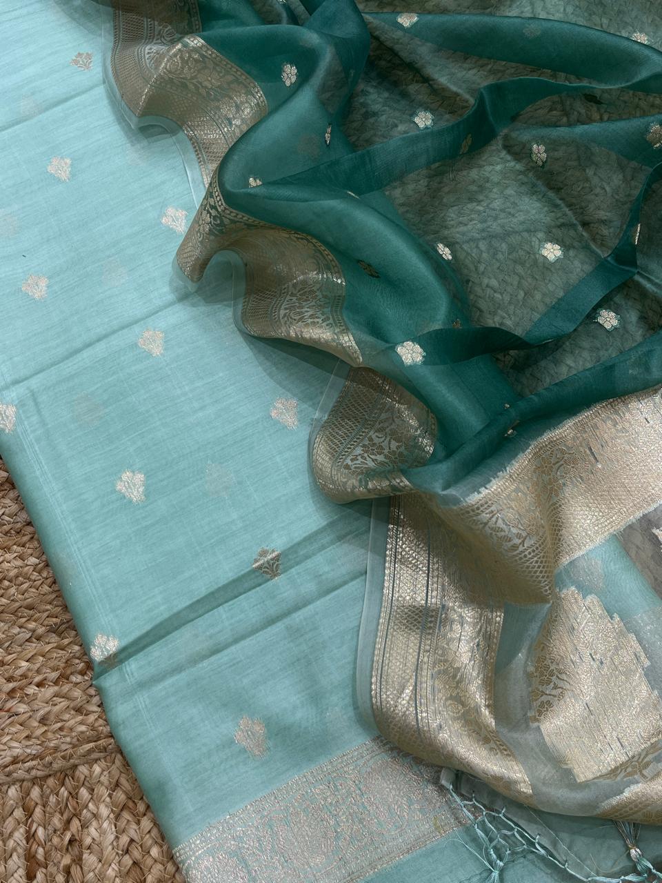Pure Banarasi Chanderi Silk Unstitched Suit with Organza Silk Dual Tone Dupatta