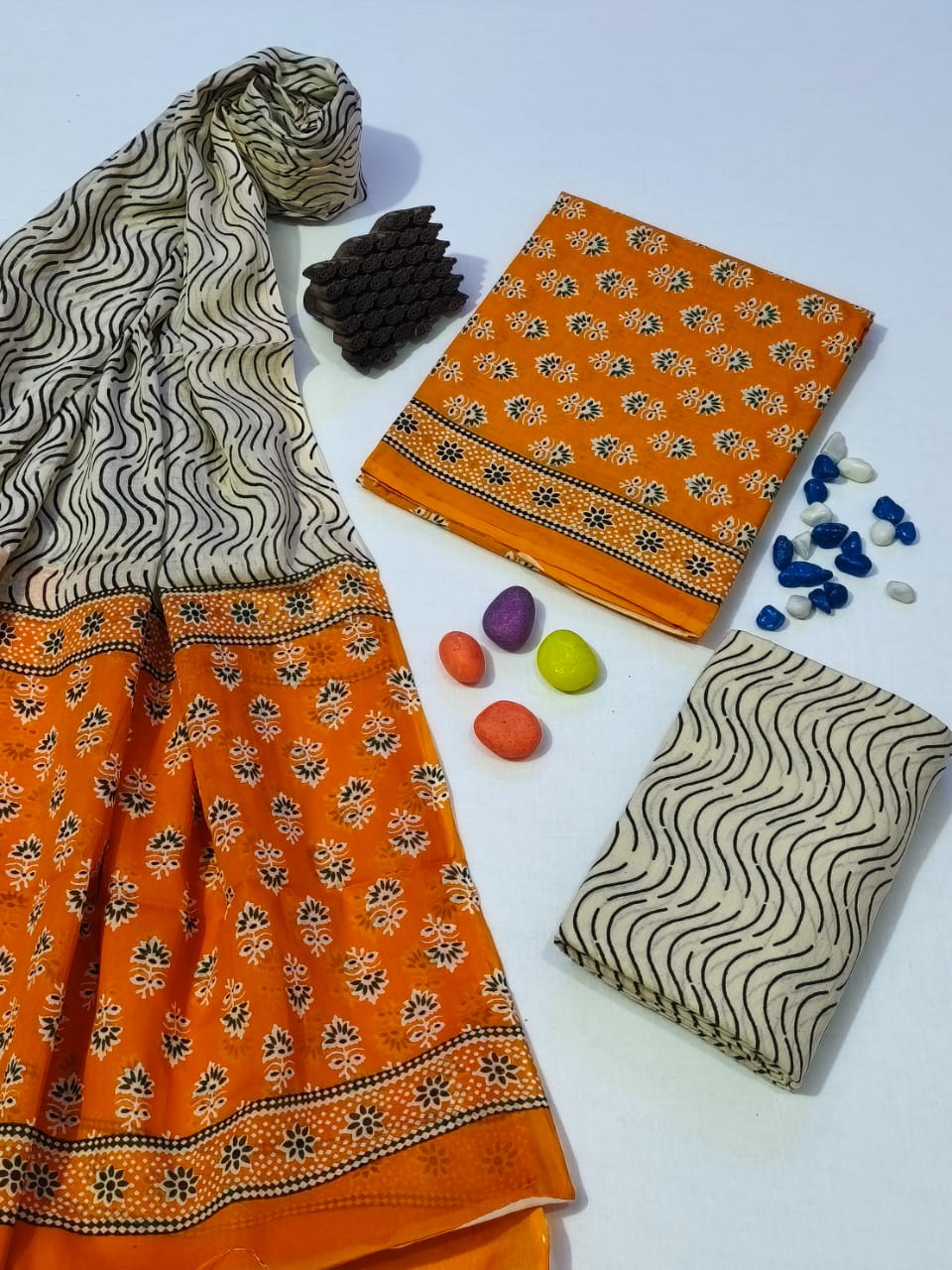 Pure Cotton Hand Block Print Unstitched Suit With Cotton Dupatta