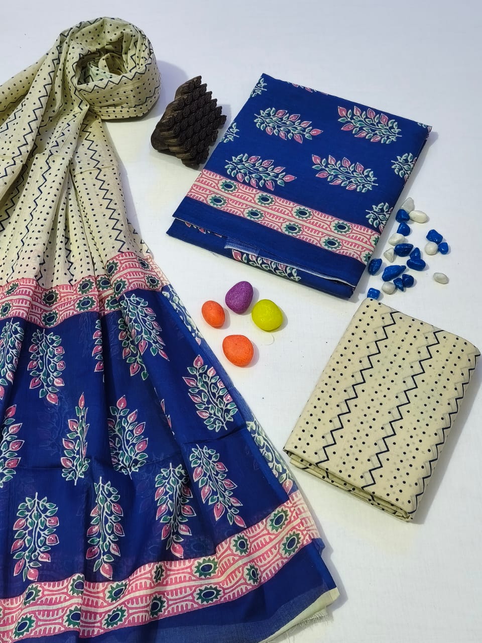 Pure Cotton Hand Block Print Unstitched Suit With Cotton Dupatta