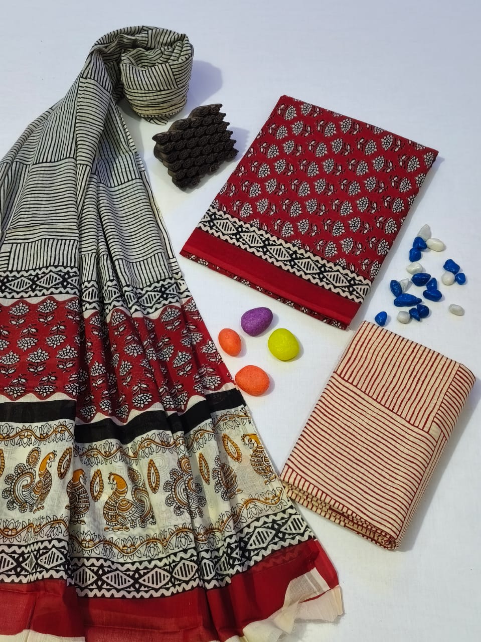 Pure Cotton Hand Block Print Unstitched Suit With Cotton Dupatta