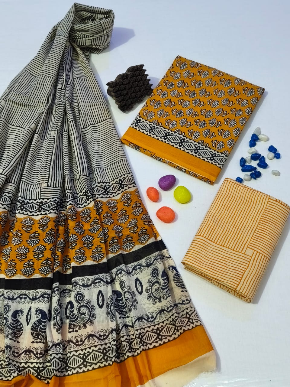 Pure Cotton Hand Block Print Unstitched Suit With Cotton Dupatta