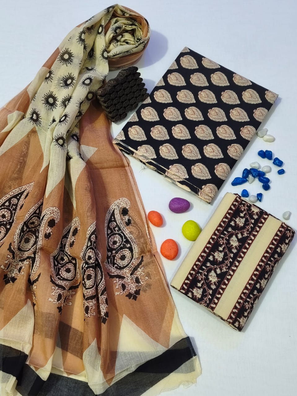 Pure Cotton Hand Block Print Unstitched Suit With Cotton Dupatta .