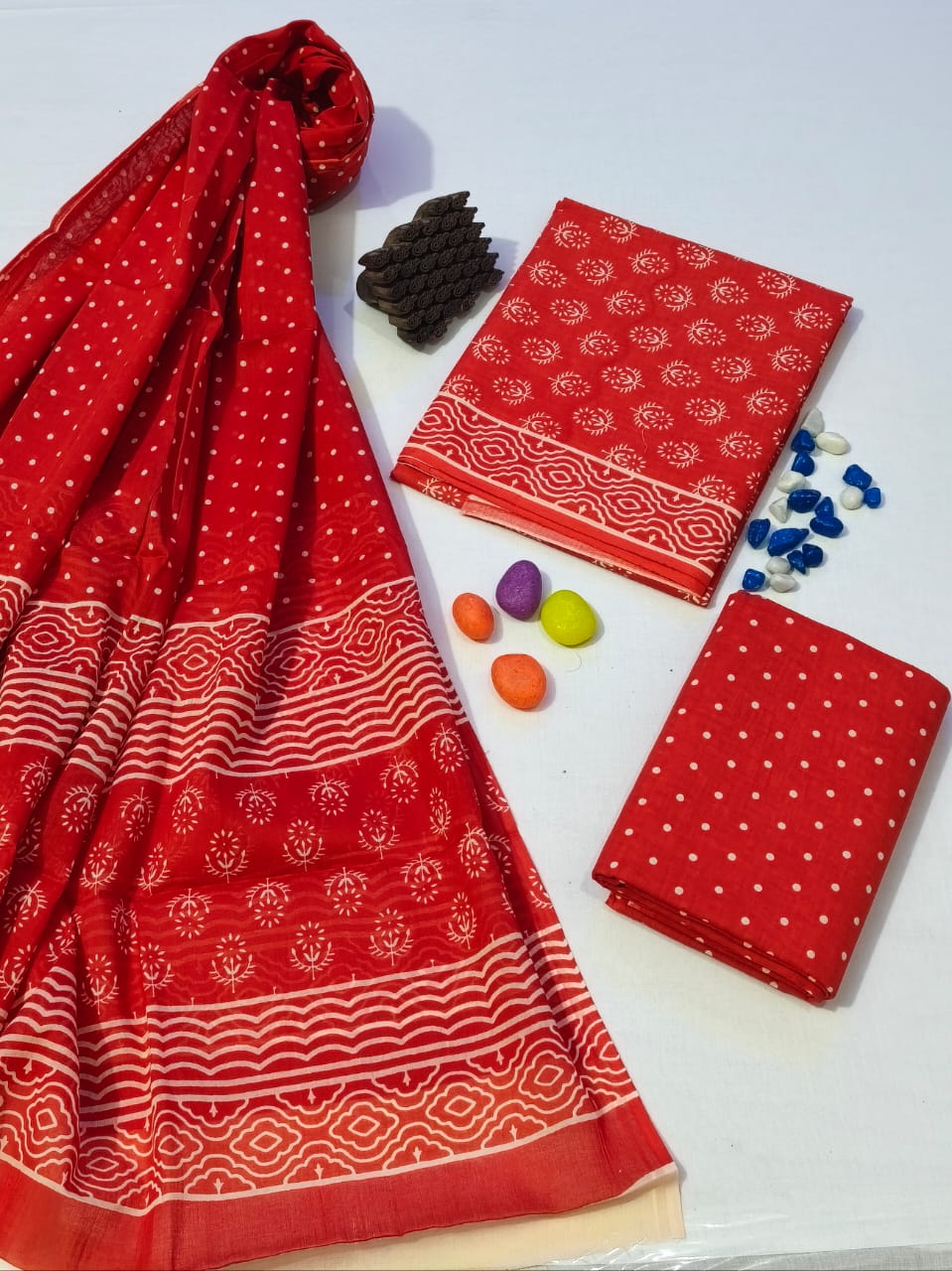 Pure Cotton Hand Block Print Unstitched Suit With Cotton Dupatta .