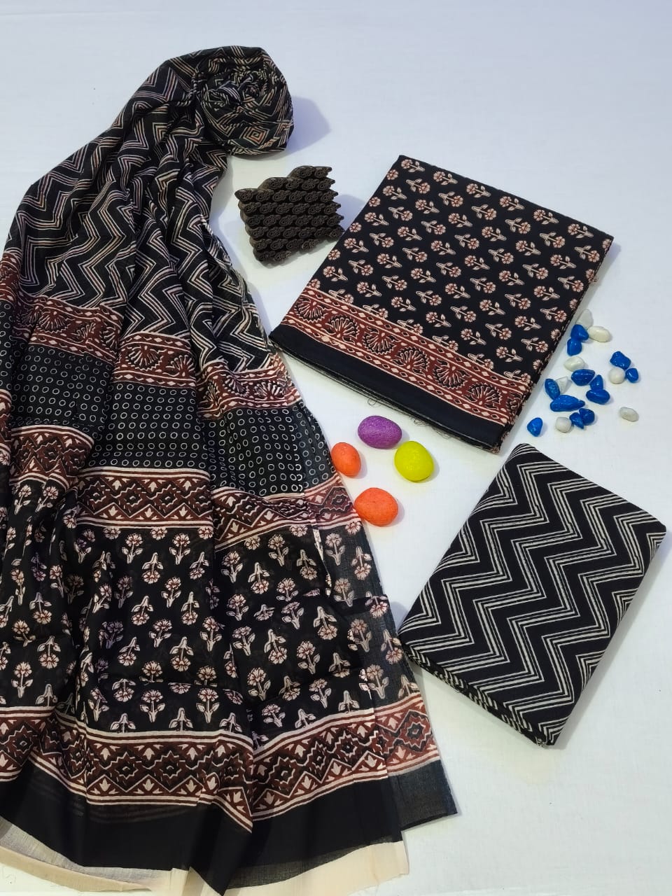 Pure Cotton Hand Block Print Unstitched Suit With Cotton Dupatta .