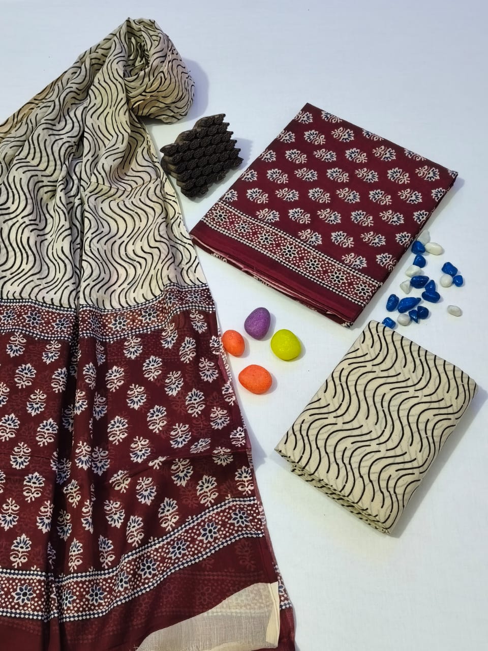 Pure Cotton Hand Block Print Unstitched Suit With Cotton Dupatta .