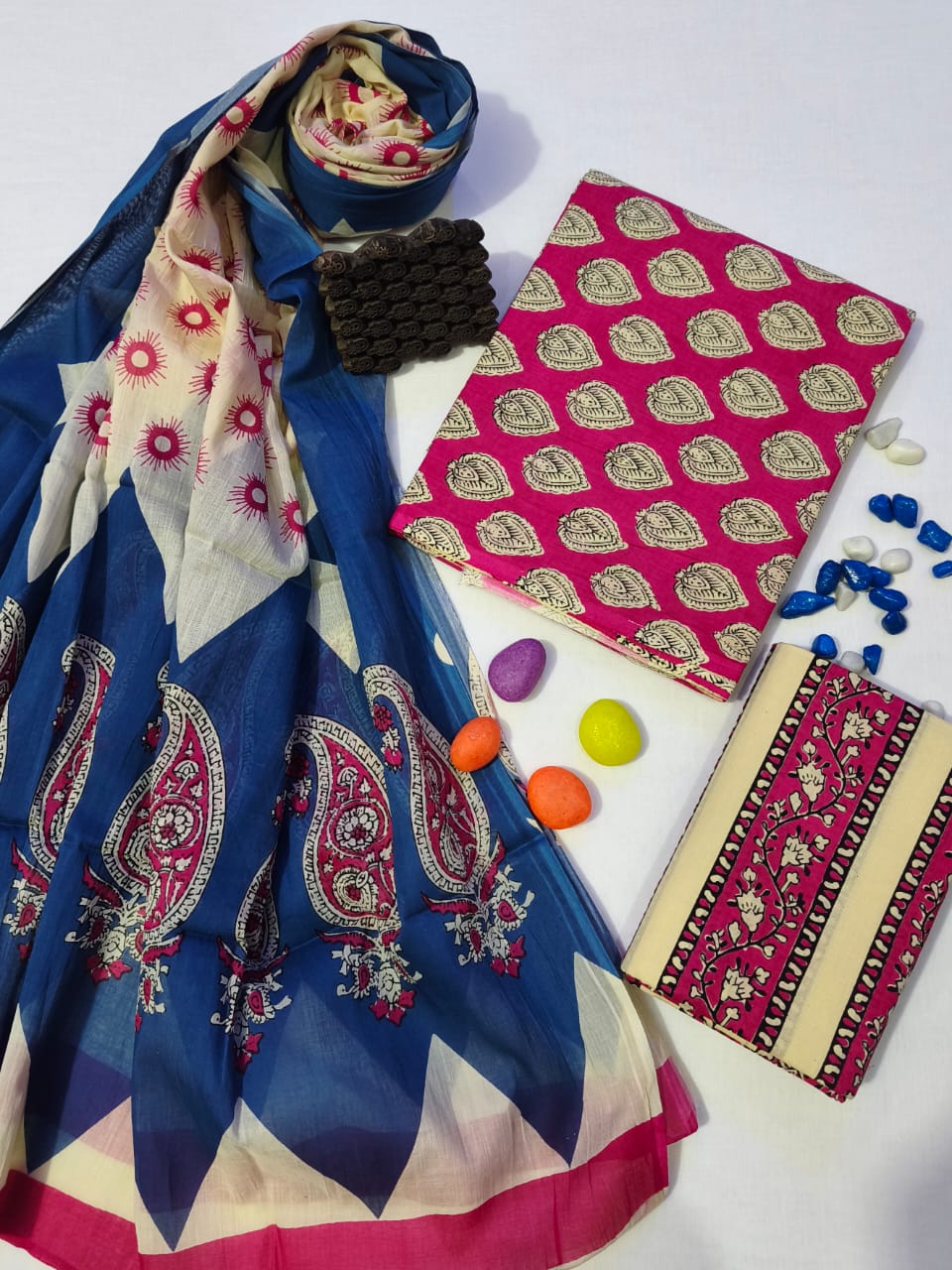 Pure Cotton Hand Block Print Unstitched Suit With Cotton Dupatta .