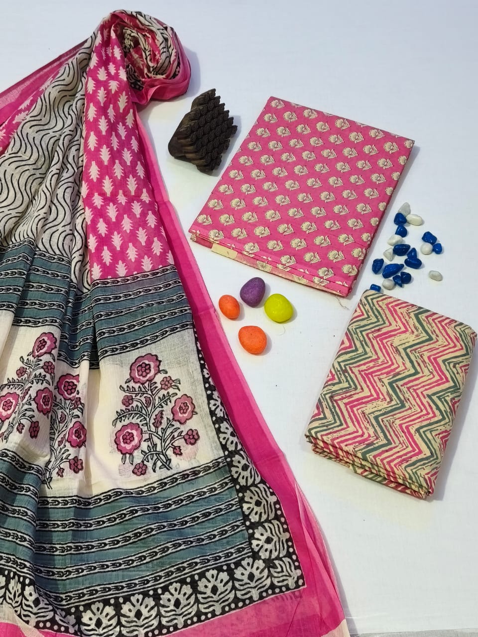 Pure Cotton Hand Block Print Unstitched Suit With Cotton Dupatta .