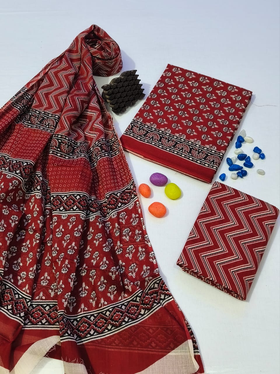 Pure Cotton Hand Block Print Unstitched Suit With Cotton Dupatta .