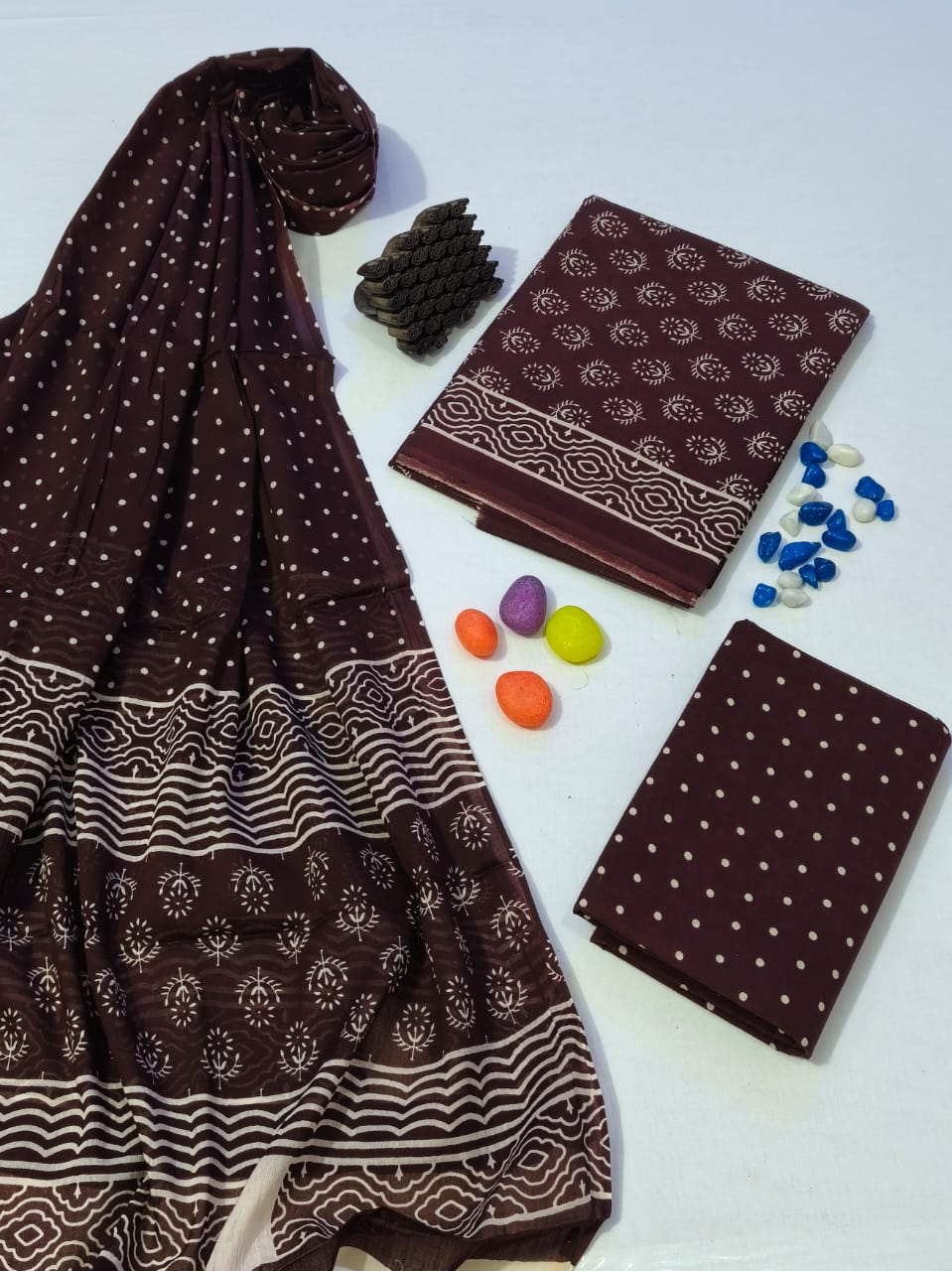 Pure Cotton Hand Block Print Unstitched Suit With Cotton Dupatta .