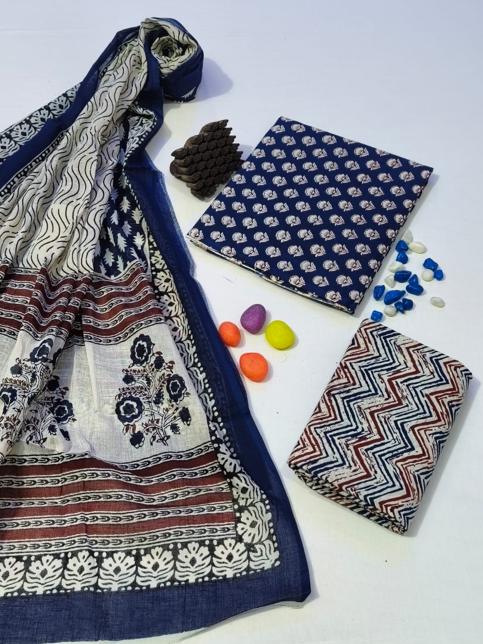 Pure Cotton Hand Block Print Unstitched Suit With Cotton Dupatta .