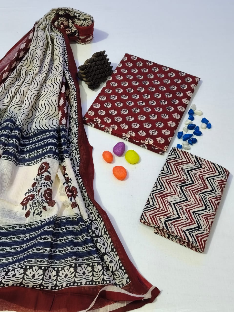 Pure Cotton Hand Block Print Unstitched Suit With Cotton Dupatta .