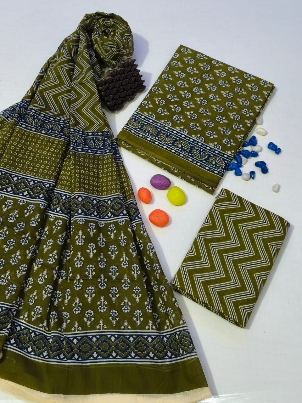 Pure Cotton Hand Block Print Unstitched Suit With Cotton Dupatta .