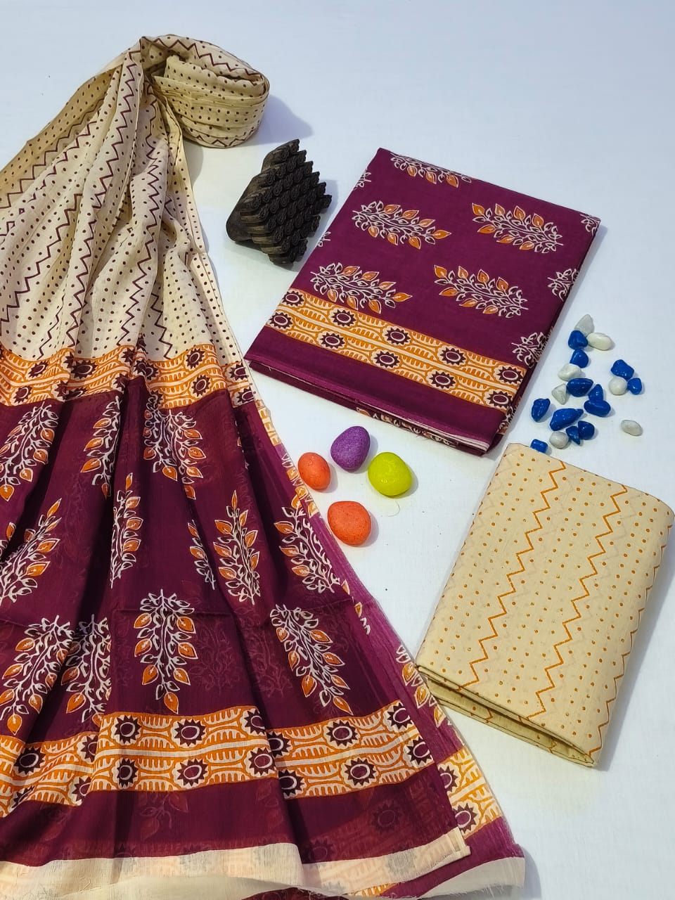 Pure Cotton Hand Block Print Unstitched Suit With Cotton Dupatta .