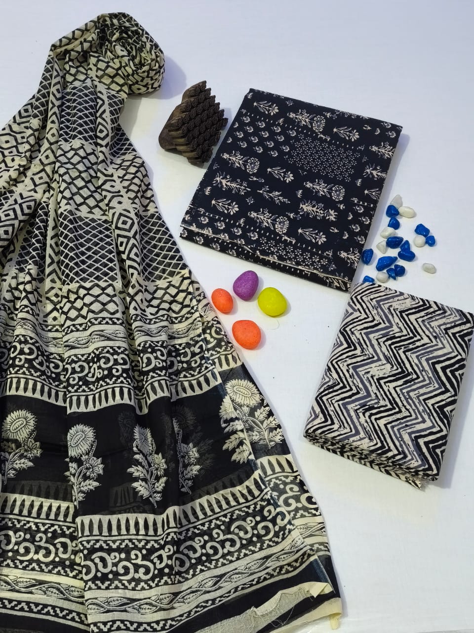 Pure Cotton Hand Block Print Unstitched Suit With Cotton Dupatta .