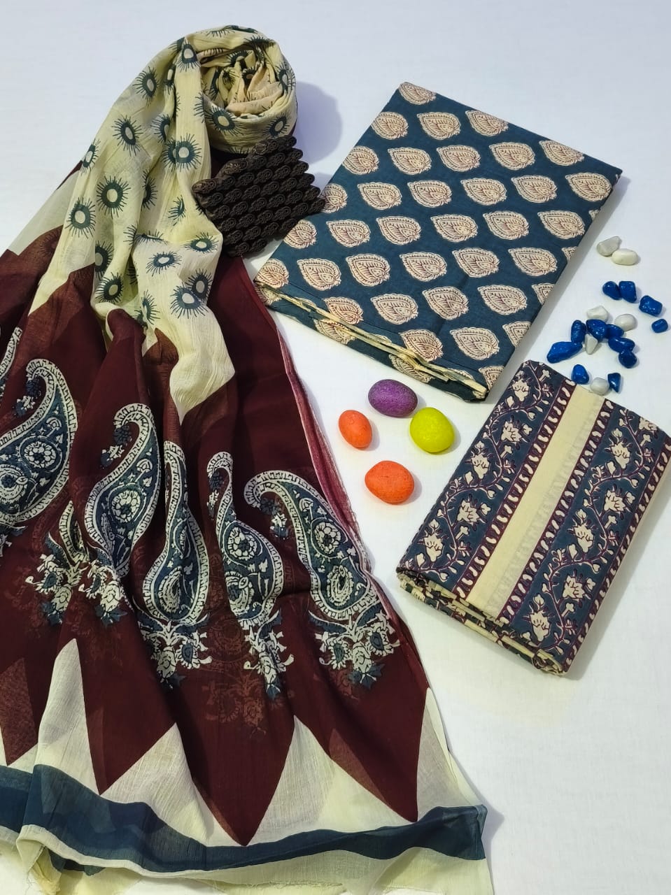 Pure Cotton Hand Block Print Unstitched Suit With Cotton Dupatta .
