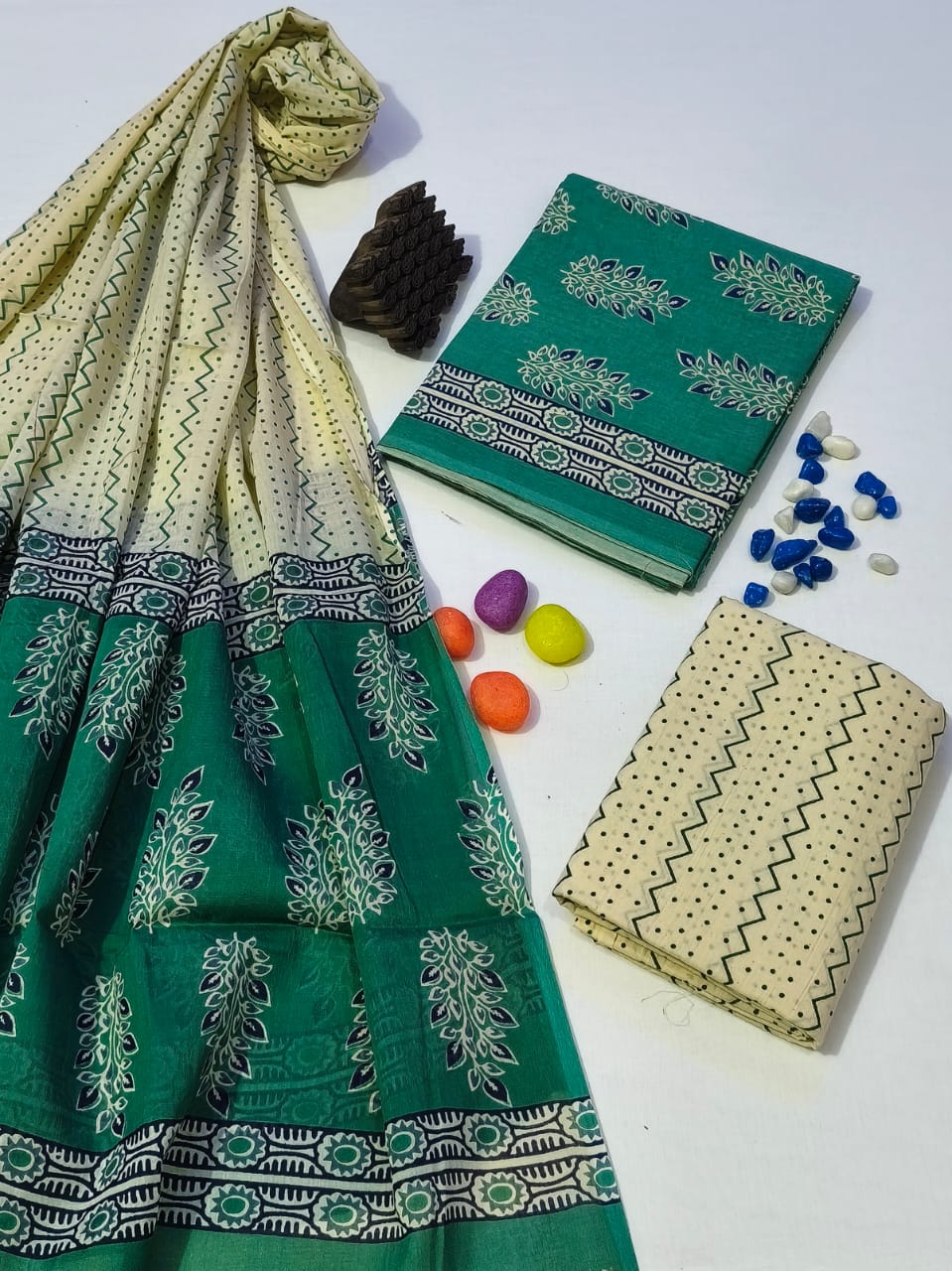 Pure Cotton Hand Block Print Unstitched Suit With Cotton Dupatta .