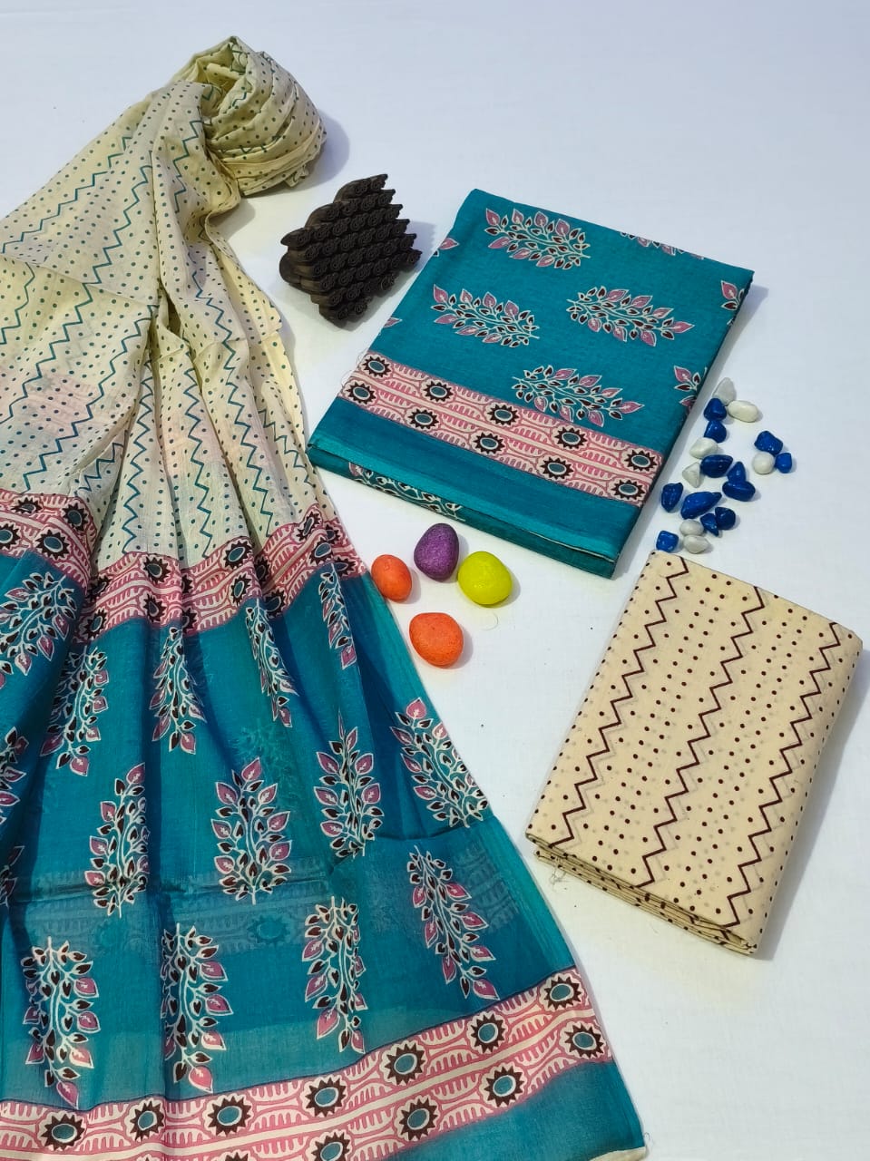 Pure Cotton Hand Block Print Unstitched Suit With Cotton Dupatta .