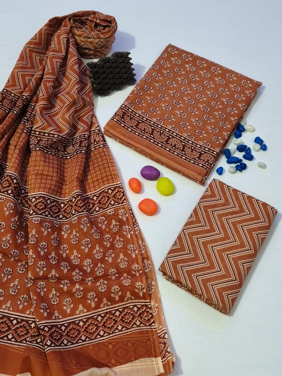 Pure Cotton Hand Block Print Unstitched Suit With Cotton Dupatta .