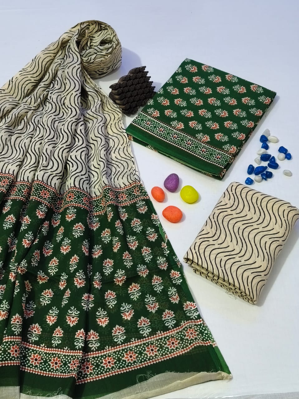 Pure Cotton Hand Block Print Unstitched Suit With Cotton Dupatta .